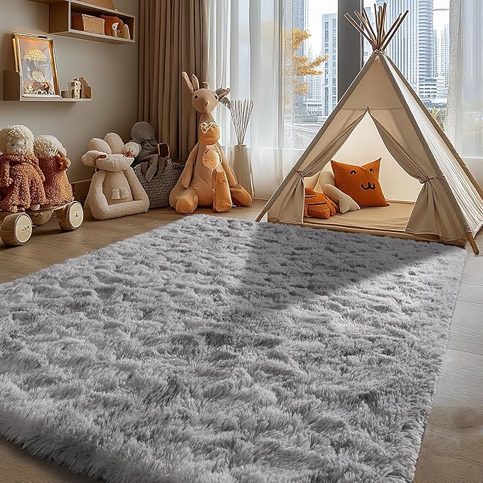 Zentavio Grey and White Area Rugs for Living Room Large Men Room Carpet 5x8 Bedroom Fluffy Furry Shag Aesthetic Plush High Pile Floor Rug for Kids Room Dorm Home Decor Tie-Dyed Grey White
