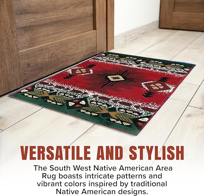 YHSF South West Native American Area Rug C318 - Easy Clean, Thick, Soft, Durable Native Tribal American Indian Inspired Rug for Bedroom/Living Room and More - Red, 2 Feet x 3 Feet 4 Inches