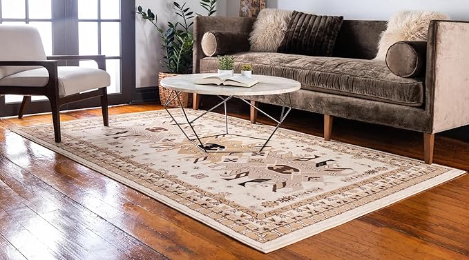 Unique Loom Taftan Collection Border Geometric Tribal Inspired Design Area Rug (9' 0 x 12' 0 Rectangular, Ivory/ Tan)