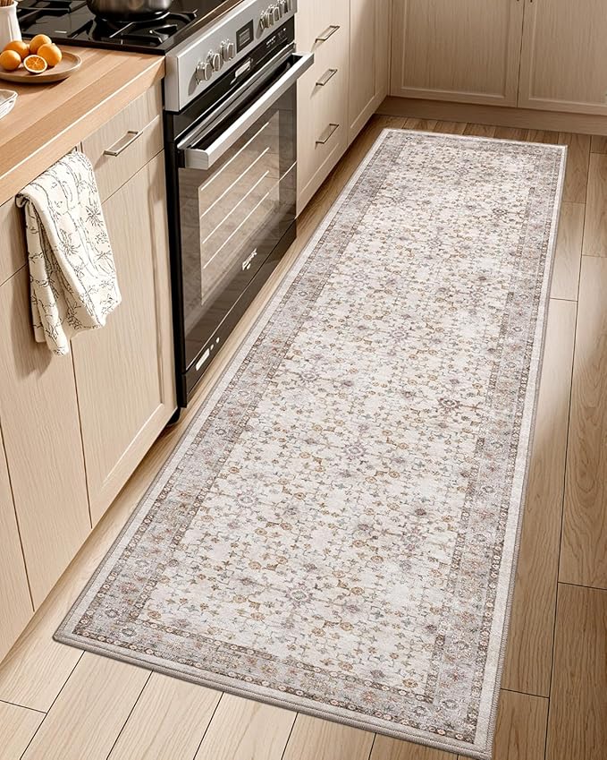 LUMI Washable Kitchen Rug, 23x59 Non-Slip Indoor Hallway Runner, Soft Low Pile Vintage Distressed Area Rugs for Laundry, Bedroom, Beige