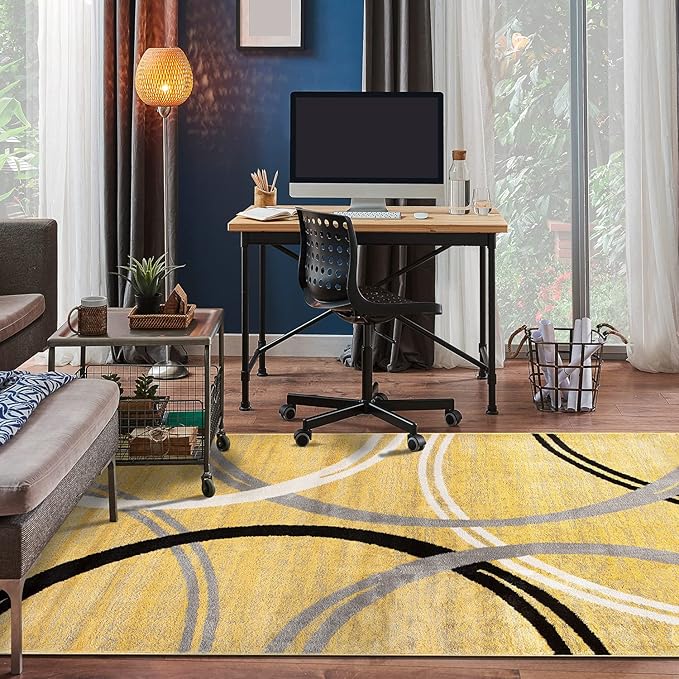 Rugshop Wavy Circles Design Area Rug, Non-Shedding Carpet for Entryway, Bedroom, or Office, Yellow, 3'3" x 5'