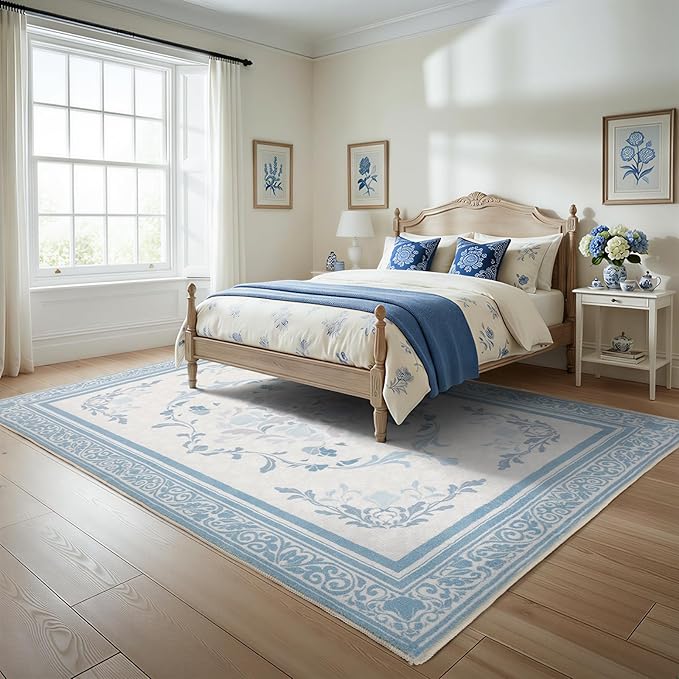 SOULFUL Medium Pile 4x6 Rugs for Living Room - Cozy Soft Underfoot Area Rug - Mist Blue Boho Floral - Washable Non-Slip - Perfect for Bedroom Kids Room Under Dining Table Office
