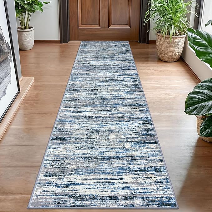 Modern Abstract Hallway Runner Rug, Grey Blue White Washable Kitchen Runner Non-Slip Soft 2x8 Runner Rug Thin Print Faux Wool Carpet for Entryway Bedroom Laundry Room Indoor Home Decor