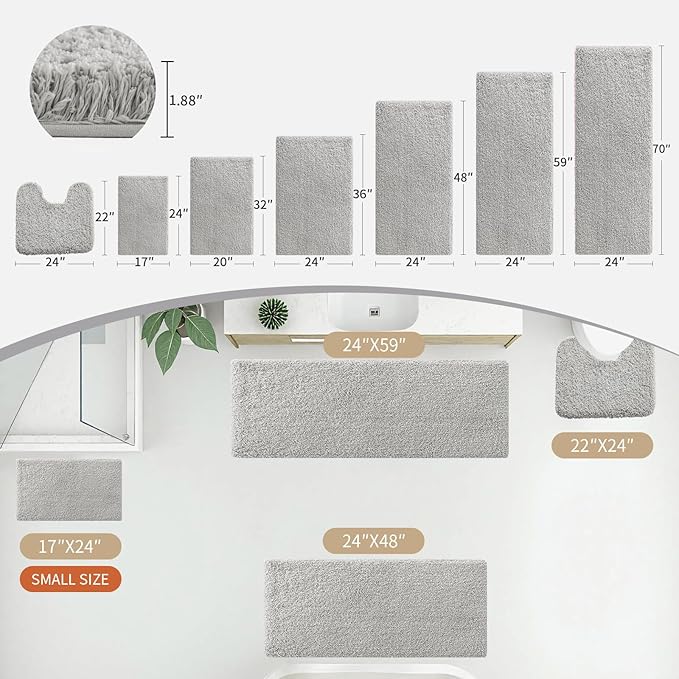 Gray Bathroom Runner Rug 24x70 Non Slip Fluffy Long Bath Mat for Bathroom Floor Washable Plush Luxury Bath Rug for Tub Absorbent Shower Sink Mat Bedside Rug