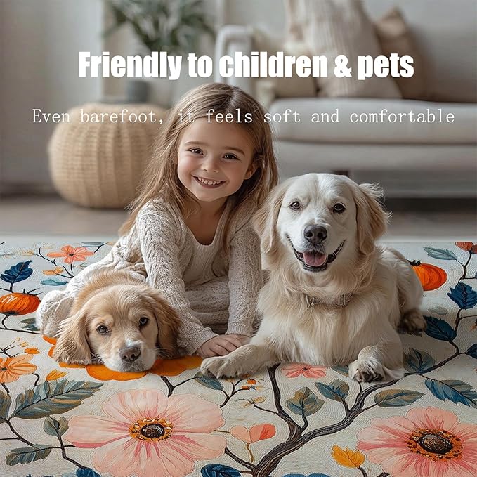 10x14 Colorful Flower Area Rugs, Floral Vintage Large Rugs, Floral Rugs, Botanical Rug, Washable Boho Botanical Non Slip Carpet for Living Room, Bedroom, Kids Room