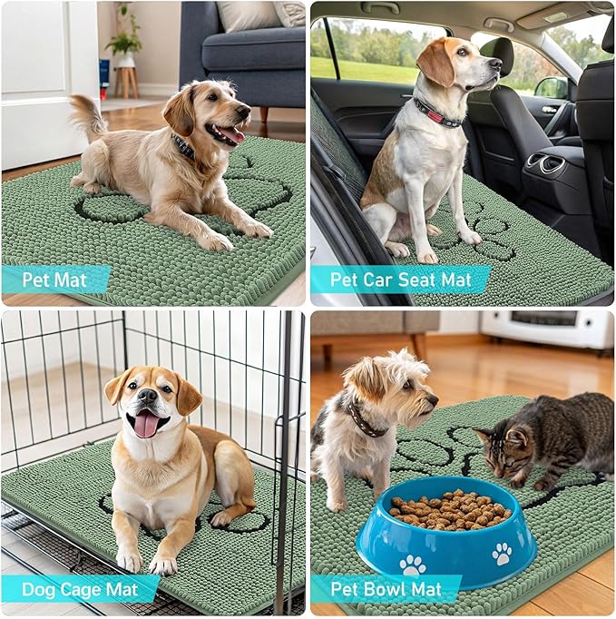 OLANLY Dog Door Mat for Muddy Paws 40x32, Paw Print Design, Absorbs Moisture and Dirt, Absorbent Non-Slip Washable Doormat, Quick Dry Chenille Mud Mat, Entry Indoor Entryway Carpet, Olive Green
