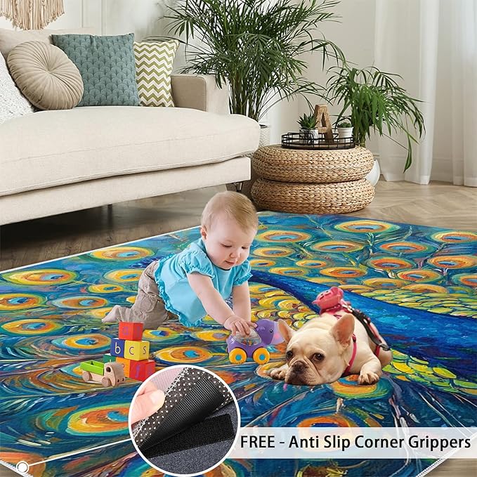 Peacock Area Rug 4x5-4x5 Rug, Wonderful Peacock Rugs for Living Room, Teal Turquoise Carpet, Peafowl Washable Area Rugs for Bedroom, Aesthetics Carpet - Peafowl Home Decor & Gifts