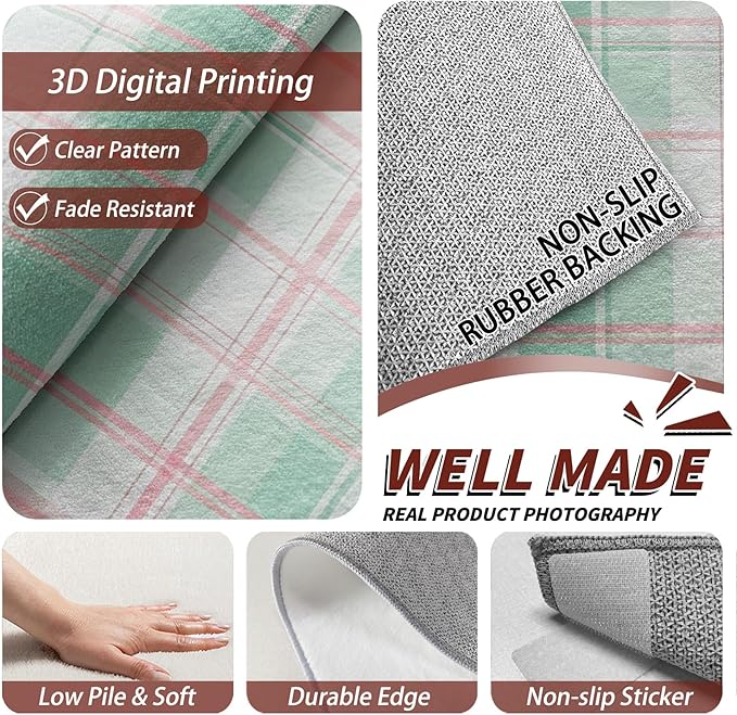 Plaid Rug for Entryway Indoor - 3x4ft - Mint Green Tartan Gingham Washable Non Slip Low Pile Small Rug for Bedroom, Plaid Carpets Room Decor & Gifts