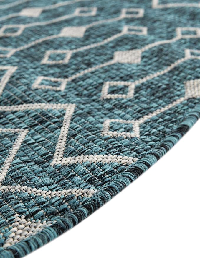 Unique Loom Outdoor Trellis Collection Area Rug - Tribal Trellis (6' 1" Round Teal/Ivory)