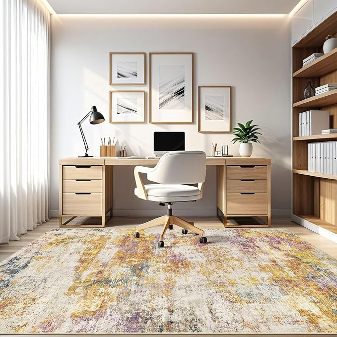 5x7 Area Rugs Living Room: Machine Washable Large Abstract Modern Soft Rug Stain Resistant Indoor Floor Non-Slip Accent Carpet for Bedroom Nursery Playroom Office Dining Room Dorm- Gold Colorful