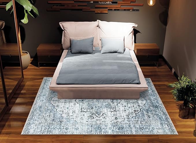 Bloom Rugs Caria Washable Non-Slip 8x10 Rug - Ivory/Blue/Gray Traditional Area Rug for Living Room, Bedroom, Dining Room, and Kitchen - Exact Size: 7'8" x 10'