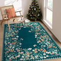 Wonnitar Washable 5x7 Floral Rugs for Living Room, Non-Slip Soft Bedroom Rug, Vintage Low Pile Dining Room Teal Green Area Rug Floor Carpet for Mud Room (Teal Green,5'x7')