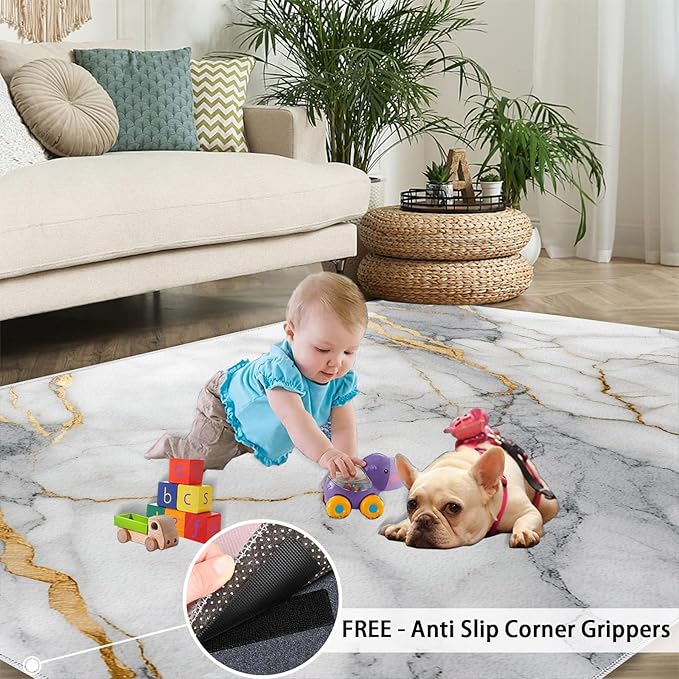 8x10 Abstract Marble Rugs for Living Room - White-Marble Large Area Rug, Modern Luxury Modern Boy Nursery Rug Soft Washable for Classroom Office Bedroom Kids Room