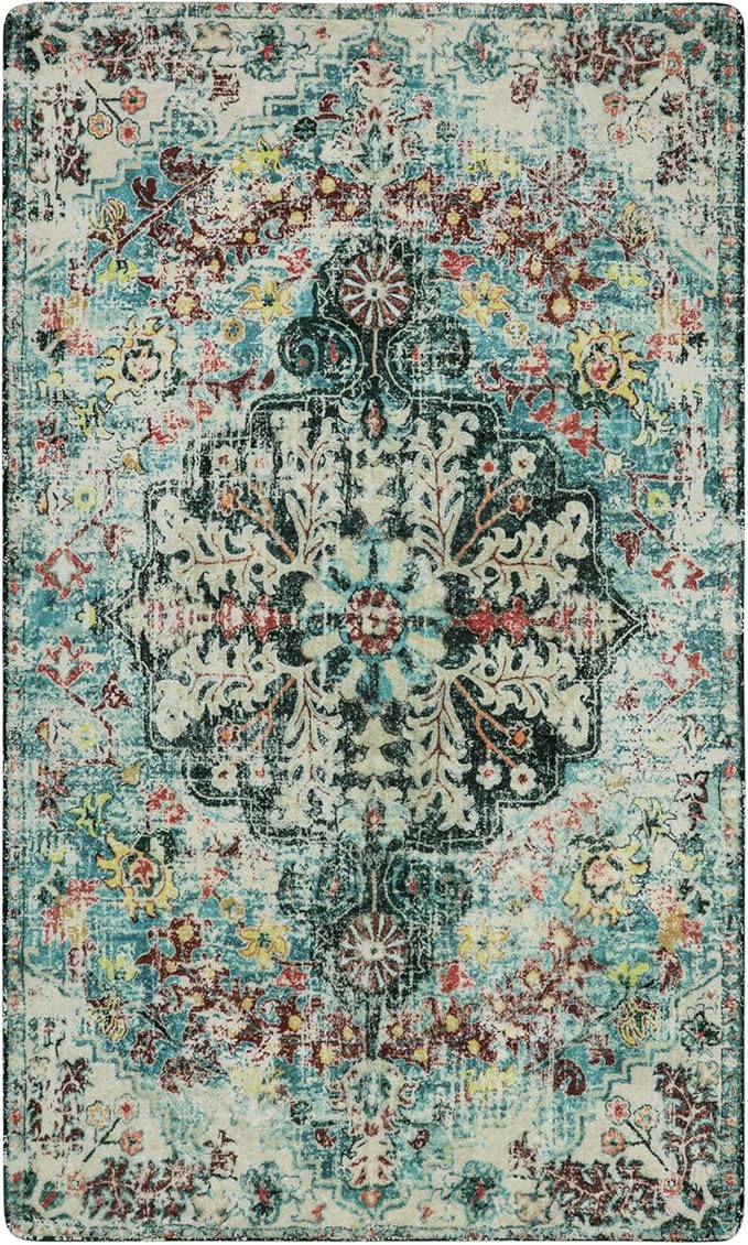 Lahome Bohemian Floral Medallion Area Rug - 3x5 Washable Bedroom Rug Entryway Mat, Non Slip Pet Friendly Turkish Nursery Carpet for Kitchen Sink Camper Couch Living Dining Room Office Hardwood