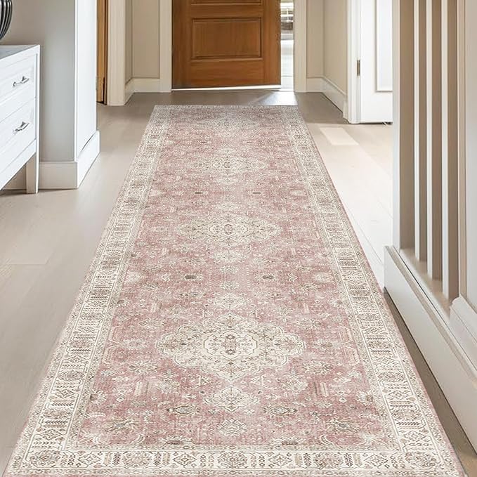 Washable Hallways Runner Rugs 2x10 Non-Slip Hallway Runners for Entrance Bedroom Low Pile Vintage Runners Pink