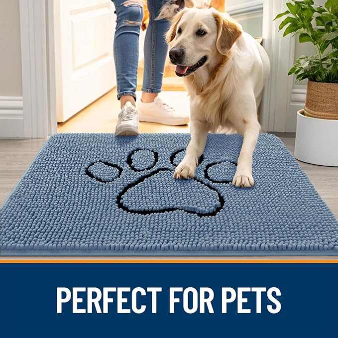 OLANLY Dog Door Mat for Muddy Paws 36x24, Paw Print Design, Absorbs Moisture and Dirt, Absorbent Non-Slip Washable Doormat, Quick Dry Chenille Mud Mat, Entry Indoor Entryway Carpet, Airy Blue