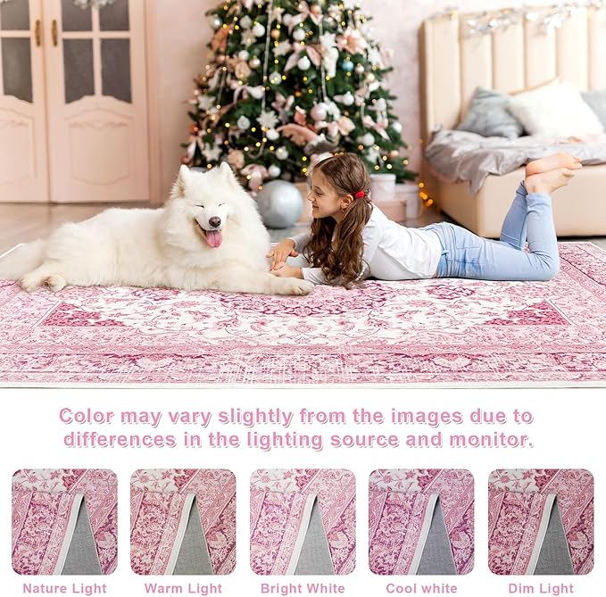 5x7 Bright Pink Area Rug for Living Room, Machine Washable Rugs with Non-Slip Backing for Girls Bedroom, Cute Vintage Carpet for Kitchen Laundry Kids Room