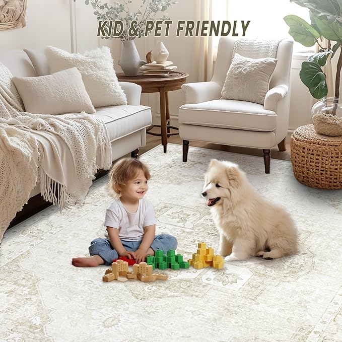 6x9 Area Rugs Washable Rugs for Living Room, Vintage Boho Rug Non-Slip Soft Floral Distressed Rug Low Pile Stain Resistant Carpet for Bedroom Nursery Office Dining Room Farmhouse Dorm(Beige, 6'x9')