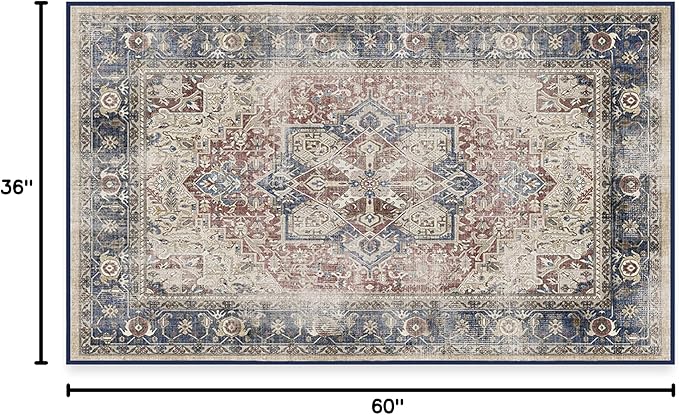 RUGGABLE Washable Vintage Area Rug – Kamran Royal Blue 3x5, Stain-Resistant, Non-Slip – Small Machine Washable Rugs for Living Room, Bedroom, Hallway, Entryway & Office–with Standard Pad