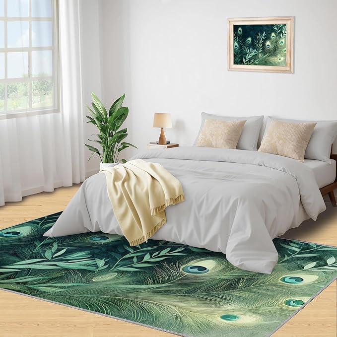 Peacock Feather Rugs for Living Room - 4x6 Rug, Peacock Decor Area Rugs for Bedroom, Teal Turquoise Rug, Plant Washable Carpet, Malachite Green Feather Carpet - Peafowl Home Decor & Gifts