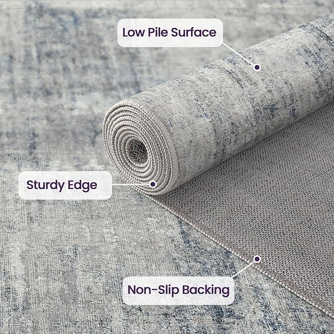 DEXI 10x14 Area Rug for Living Room, Modern Abstract Thin Washable Rug Indoor Floor, Non Slip Stain Resistant Low Pile Carpet for Dining Room Bedroom Office, Blue