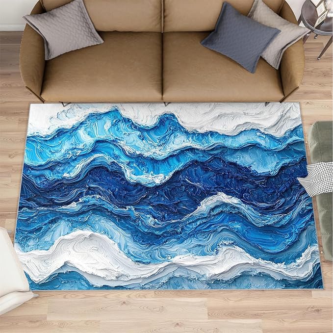 2x3 Ocean Waves Rugs for Entryway - Abstract Waves Small Area Rugs, Abstract Art Laundry Room Carpet Non Slip Accent Throw Rug for Bathroom Kitchen Sink Front Door