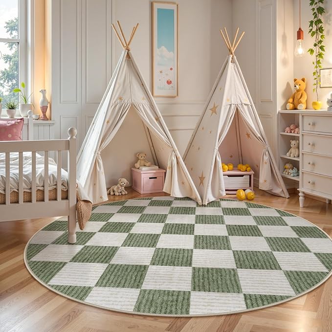 LIVEBOX Checkered Round Rug 6 Ft Washable Area Rug for Playroom, Kids Non-Slip Neutral Classic Circle Rug Geometric Large Carpet Soft Boys Rug for Classroom Dorm Bedroom(Sage Green,180R)