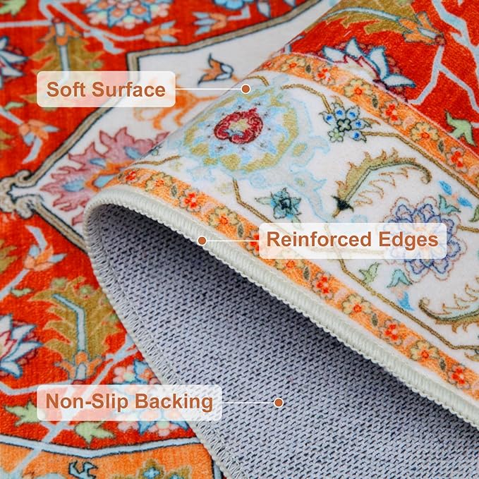 WILLSUN Washable Area Rugs, 2x3 Non-Slip Boho Small Area Rugs for Entryway, Kitchen, Bathroom, Machine Washable Vintage Rug, Indoor Floral Print Carpet for Home Decor, Kid & Pet Friendly Mat
