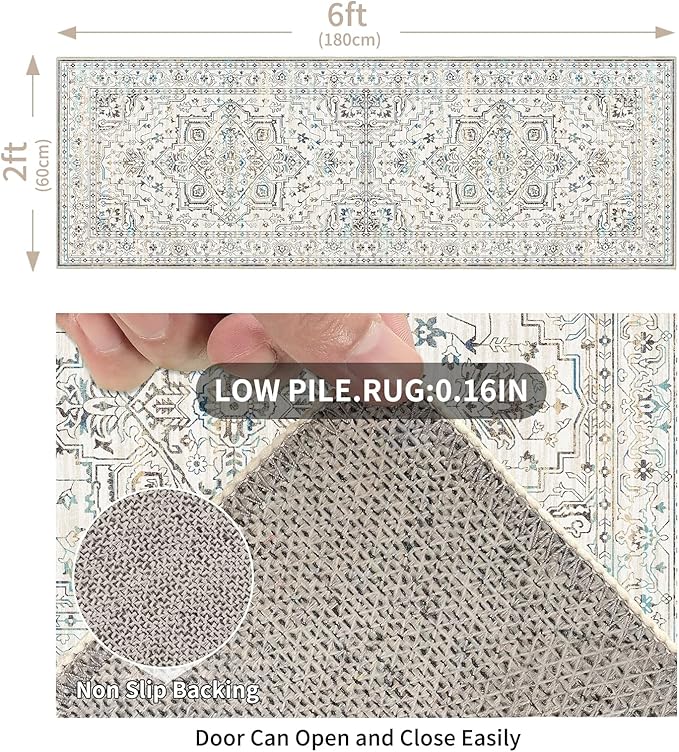 Enkor Runner Rugs for Hallway, 2x6 Washable Soft Non Slip Floor Rugs for Kitchen, Modern Mat for Living Room Bedroom Entryway White & Grey