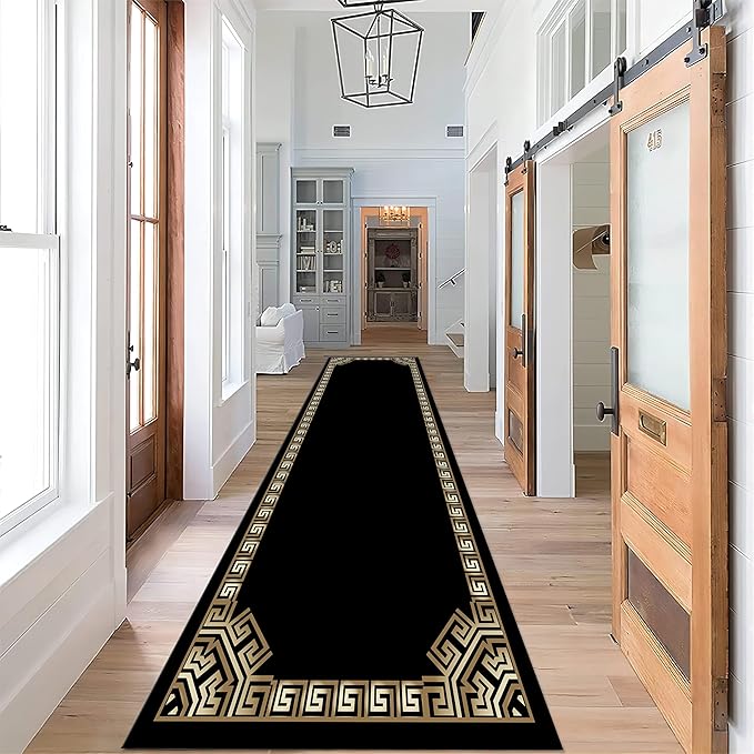 Greek Key Runner Rug for Entryway, 3.3x7ft, Black Gold Geometric Border Area Rugs for Bedroom, Meander Pattern Fade Resistant Home Decor Carpet, Soft Reduce Noise Entry Mat for Kitchen