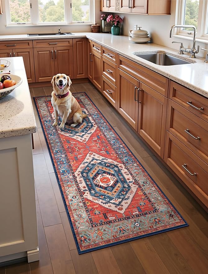SERISSA Boho Washable Runner Rug, 2x6 Rug Runner Non-Slip Vintage Rust Hallway Kitchen Runner Rug Ultra Soft Print Distressed Tribal Floor Carpet Runner for Bedroom Bathroom Laundry Living Room