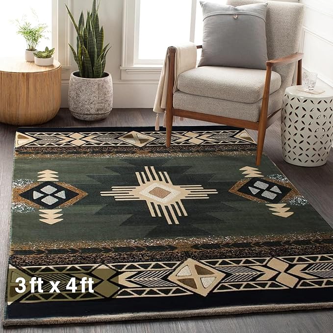 YHSF South West Native American Area Rug C318 - Easy Clean, Thick, Soft, Durable Native Tribal American Indian Inspired Rug for Bedroom/Living Room and More - Sage Green, 3 Feet x 4 Feet 7 Inches