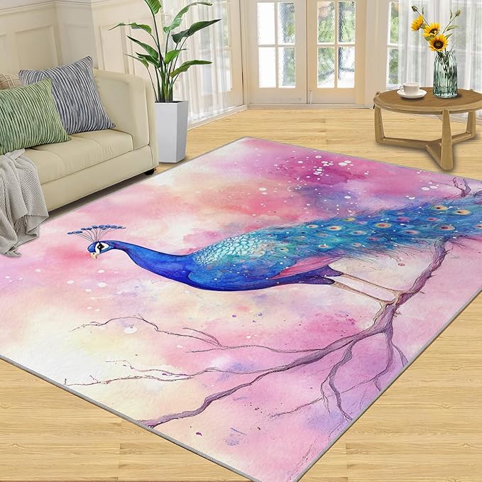 Peacock Rugs for Living Room - 4x6 Rug, Fantasy Peacock Area Rugs for Bedroom, Peafowl Rug, Girls Room Washable Carpet, Aesthetics Carpet - Peafowl Home Decor & Gifts