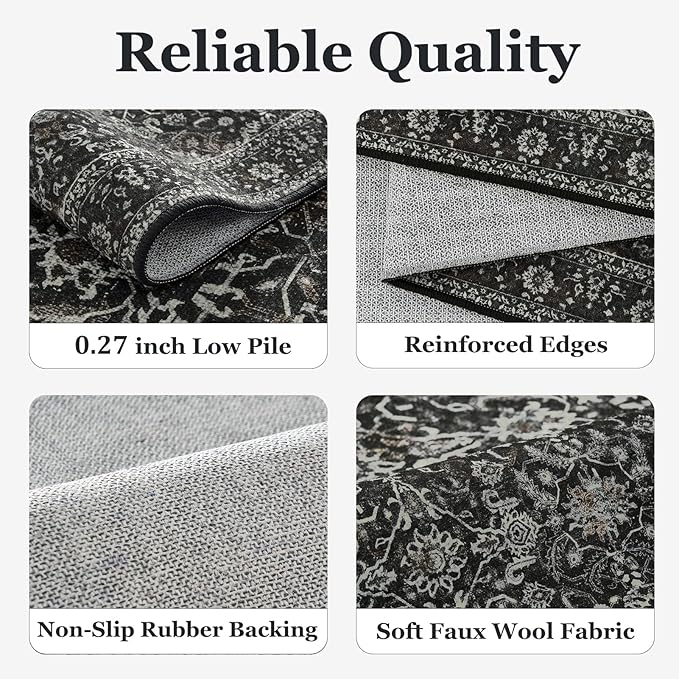 Charcoal 5x7 Area Rugs for Living Room Bedroom, Washable Non Slip Low Pile Thin Soft Carpet Rugs for Dining Room/Kitchen/Home Office/Nursery, Vintage Earth Tone Dark Muted Black and Grey Rug