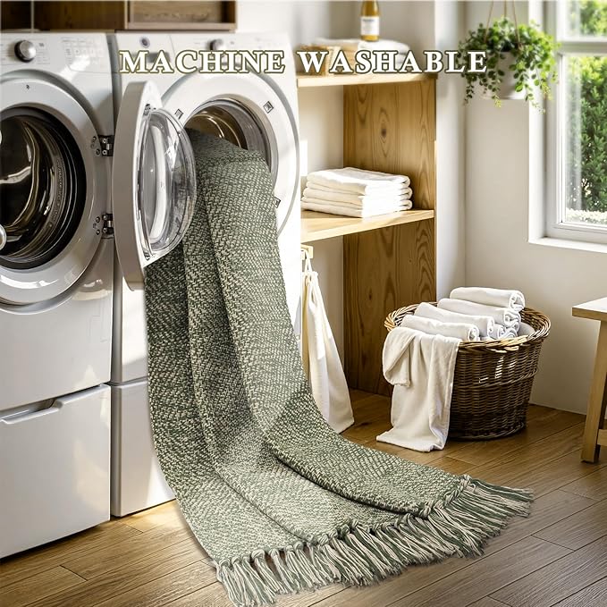 Collive 2' x 3' Small Entryway Rug, Washable Hand-Woven Kitchen Rug with Tassels, Natural/Green Farmhouse Low Profile Throw Rug Reversible Front Door Rug for Bedroom Bathroom Home Décor
