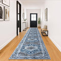 KOZYFLY Runners for Hallways 3x18 Ft Extra Long Washable Kitchen Thin Runner Rug Boho Runner Rug for Entryway Indoor Blue Printed Oriental Faux Wool Stair Floor Carpet Runner for Stair Kitchen Hall