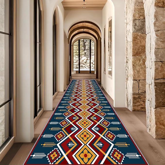 Dark Blue Runner Rug, 2.6x7ft Red Yello Diamond Hallway Decor Carpet, Corridor & Foyer Long Accent Rug, Entrance Non-Slip Mat Washable Rugs, Southwestern Stylish Home Decor Runner