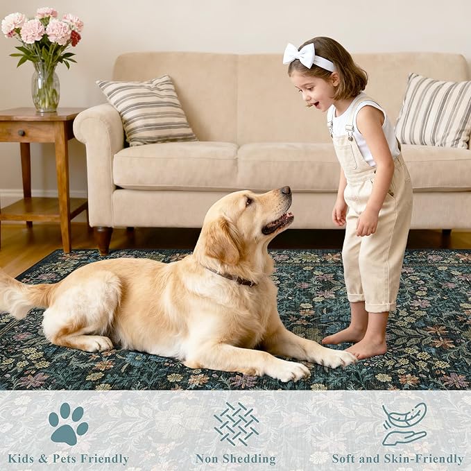 DUKINO 5x7 Area Rugs, Floral Washable Rugs for Bedroom with Non Slip Backing, Vintage Low Pile Indoor Floor Carpets for Bedroom, Living Room, Farmhouse, Home Office, Dining Room, Blue