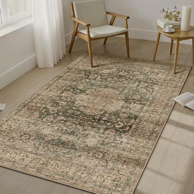 4x6 Washable Vintage Area Rug Green Brown Entryway Office Carpet Non-Slip Soft Low Pile Distressed Indoor Throw Rug for Living Room Bathroom Dining Room