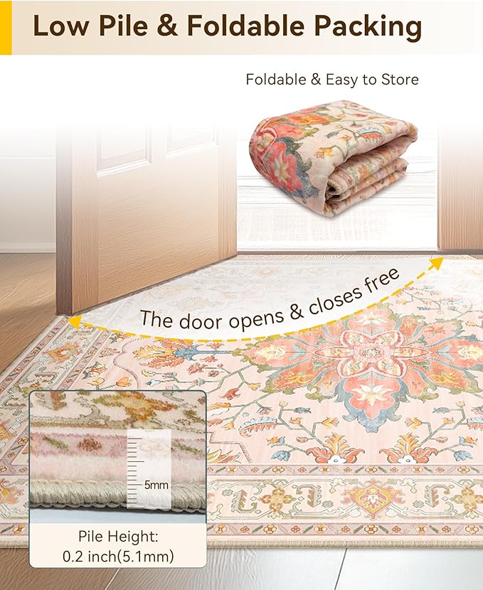 Area Rugs Square 10ft Washable Non-Slip, Floral Vintage Distress Print Pattern Medallion Carpet for Living Room Bedroom Dining Room, Light Pink Colorful