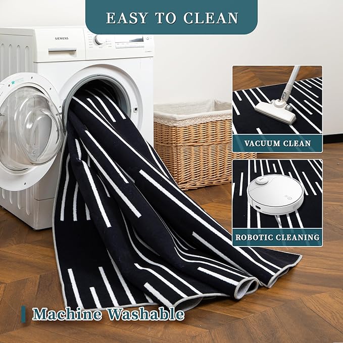 YIHOUSE Abstract Washable Rug 8x10,Ultra Thin Non Slip Black Rugs for Living Room,Modern Minimalist White Stripe Rugs for Bedroom,Dining Room Office Playroom (8'x10',Black-3)