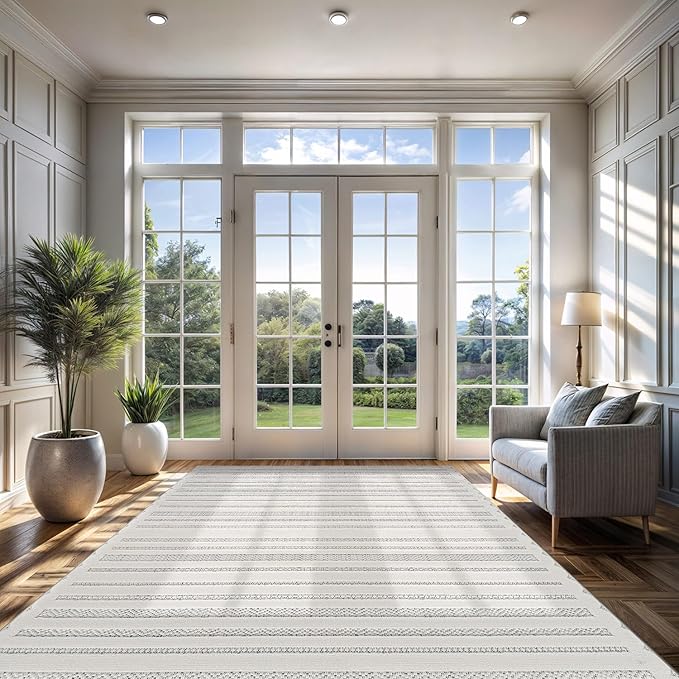 CAMILSON Modern Rug 6x9 Luxury Striped Line Micro Loop Area Rugs Soft High-Low Pile Stain Resistant Easy to Clean Non-Shedding Durable Living Room Bedroom Indoor Carpet (White)