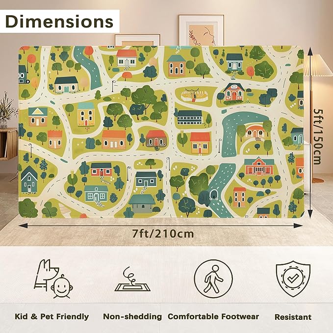 Cute Map Cars Washable 5x7 Area Rugs for Living Room, Thin Low Pile Contemporary Carpet, Non-Slip Base Lightweight Rug