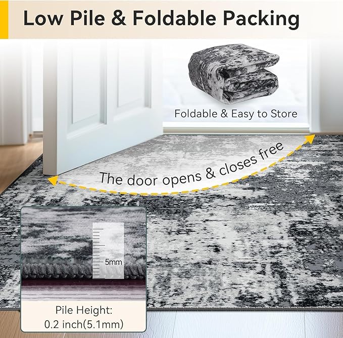 Washable Area Rugs7'x9' Non-Slip Modern Abstract Soft for Living Room Entryway Bedroom Nursery, Print Pattern, Black Gray