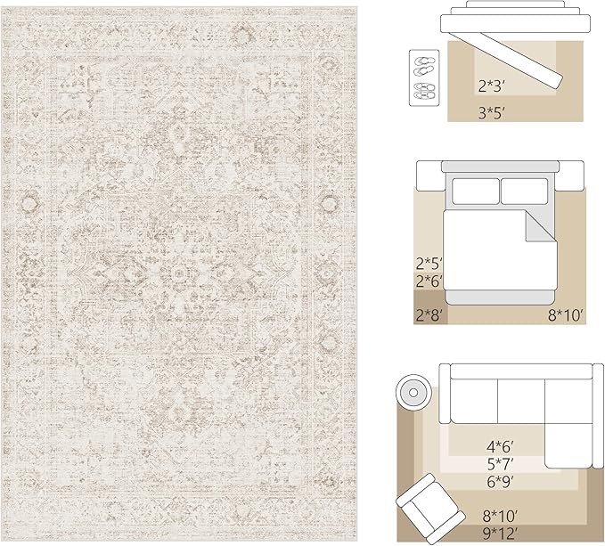 Fmfunctex 8x10 Washable Area Rug Beige Vintage Neutral Distressed Oriental Large Non Slip Carpet for Living Room Bedroom Soft Low Pile Indoor Mat Retro Throw Rug for Dining Room Kitchen Office Nursery