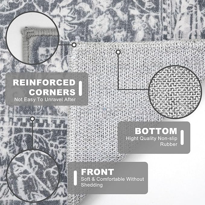 KILOCOCO Moroccan Small Area Rug 2x3 Entryway Rugs Printed Vintage Floral Washable Rug Non-Slip Kitchen Rug Indoor Door Mat, Accent Throw Small Rugs for Laundry Room Bedroom Entrance, Grey