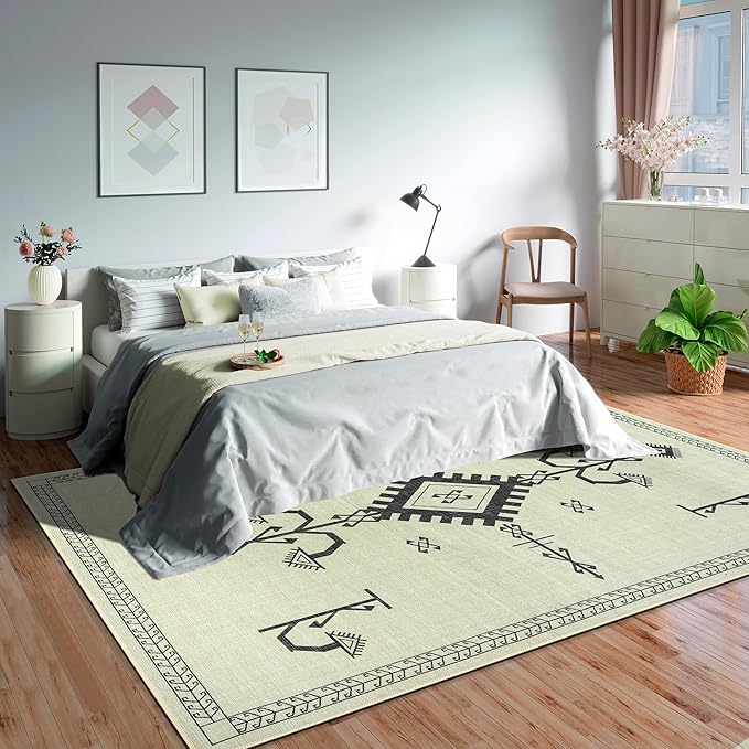 GLN Rugs Contemporary Collection - Machine Washable Area Rug, Contemporary Washable, Non Slip, Low Pile Chenille Rug, Living Room, Bedroom, Kitchen Rug (8' x 10' Cream/Anthracite)