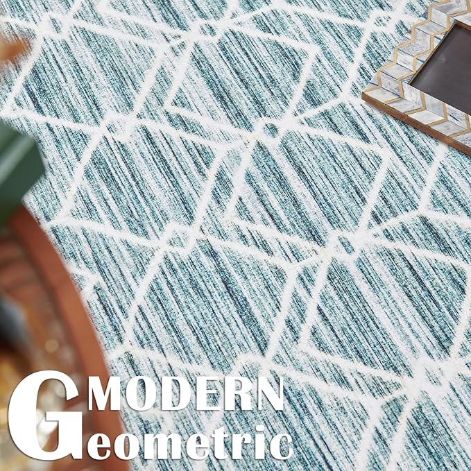 jinchan Moroccan Runner Rug 2x8 - Kitchen Machine Washable Runner Rug Modern Geometric Low-Pile Lightweight Non-Slip Carpet for Entryway Hallway Laundry Room Bedroom Bedside (2x8ft, Teal Blue)