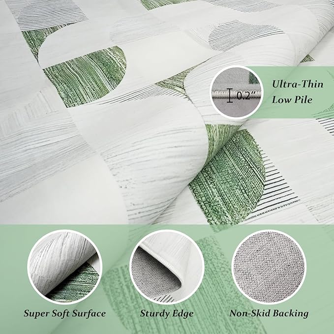 Green Modern Abstract Rug Washable, Boho 5x7 Area Rugs for Living Room Bedroom Low-Pile, Large Throw Floor Carpet Non Slip Ultra-Thin Soft Indoor Light Green