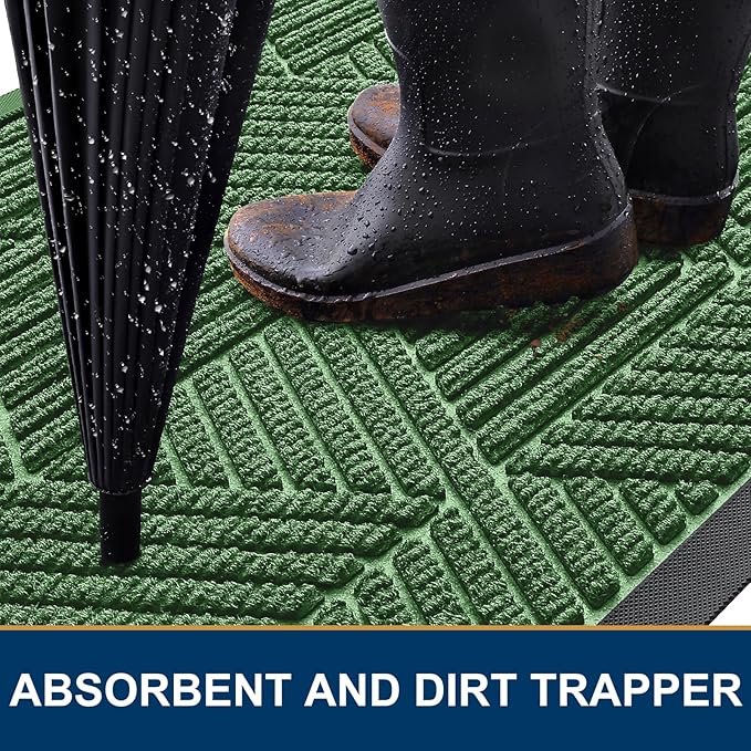 Kitinjoy Front Door Mat Outside Entrance, Sturdy Natural Dirt Trapper, Heavy Duty Rubber Doormat, Low Profile Non-Slip Backing, Easy Clean Floor Mat for Indoor Outdoor Entry, 29.5X17 Inch, Green